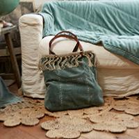 Sac cabas medium BOHO en velours de coton et gros lin - Céladon