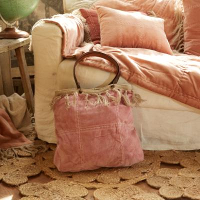 Sac cabas medium BOHO en velours de coton et gros lin - Rose Poudre