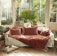Plaid Boho zen velours et gros lin tabac