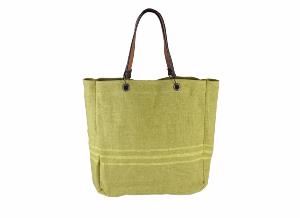 Sac Cabas en lin épais couleur jaune -  anses en cuir