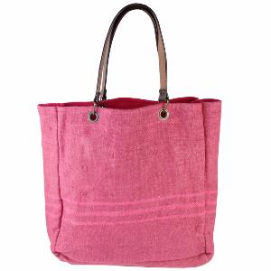 Sac Cabas en lin épais couleur Framboise -  anses en cuir